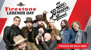 zac brown band official photo next to ims legends day logo and red and gray stripes