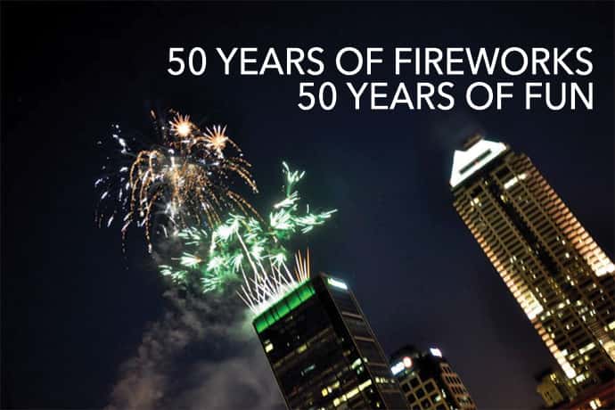 Fireworks going off over the Indianapolis skyline, 50 years of fireworks, 50 years of fun