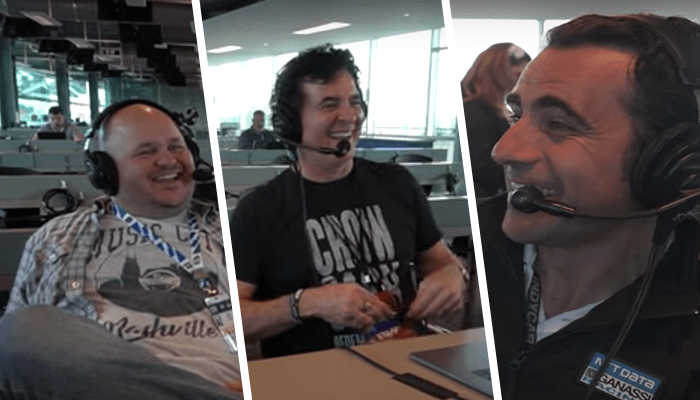 Ryan Wild, Scott Borchetta, and Dario Franchetti talk at the Indianapolis 500