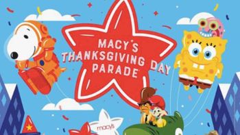 Macy's Thanksgiving Day Parade graphic with Snoopy and Spongebob balloons