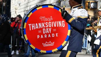 Marching band drum with the text "Macy's Thanksgiving Day Parade"
