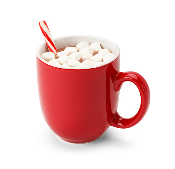 Red Mug of hot chocolate with candy cane and marshmellows