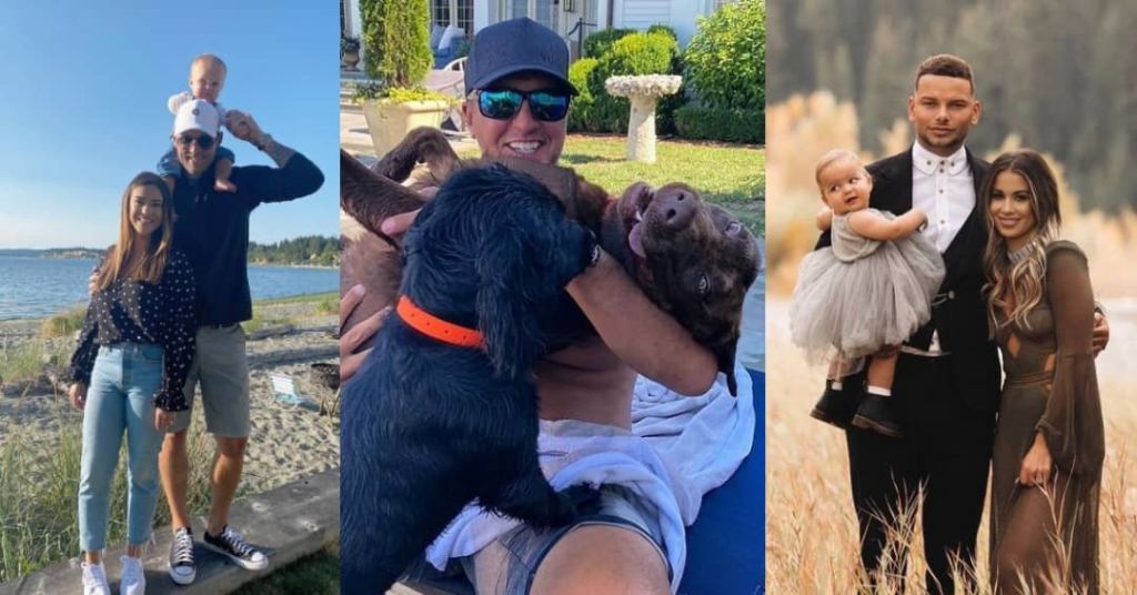 Brett Young and his family at a beach on the left, in the middle Luke Bryan with his dogs, at the right is Kane Brown and his family in a field