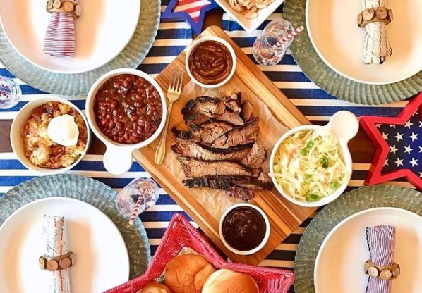 table set up of BBQ and sides