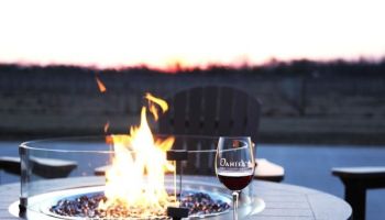 a glass of wine in front of a bonfire scene