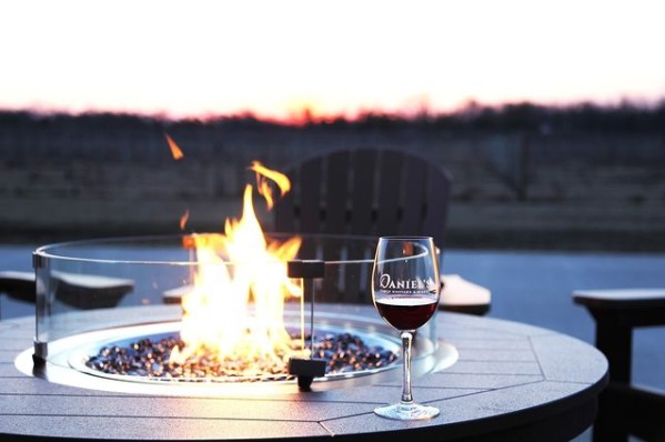 a glass of wine in front of a bonfire scene
