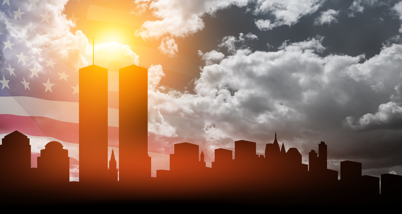 New York skyline silhouette with Twin Towers and USA flag at sunset. American Patriot Day banner.