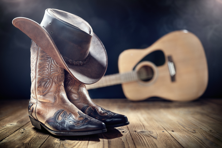 Country music festival live concert with acoustic guitar, cowboy hat and boots