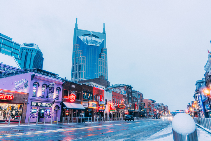 Bars and Honky-Tonks on Broadway on a Cold, Snowy Morning in Nashville Tennessee