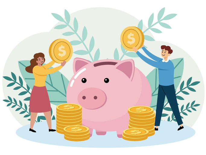 Illustration of a financial savings concept featuring a large pink piggy bank at the center surrounded by stacks of gold coins.