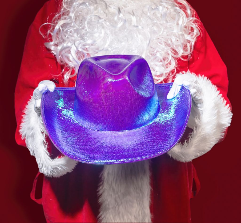 Santa Claus Holding a Western Purple Cowboy Hat, A Southern Christmas, Cowboy Christmas