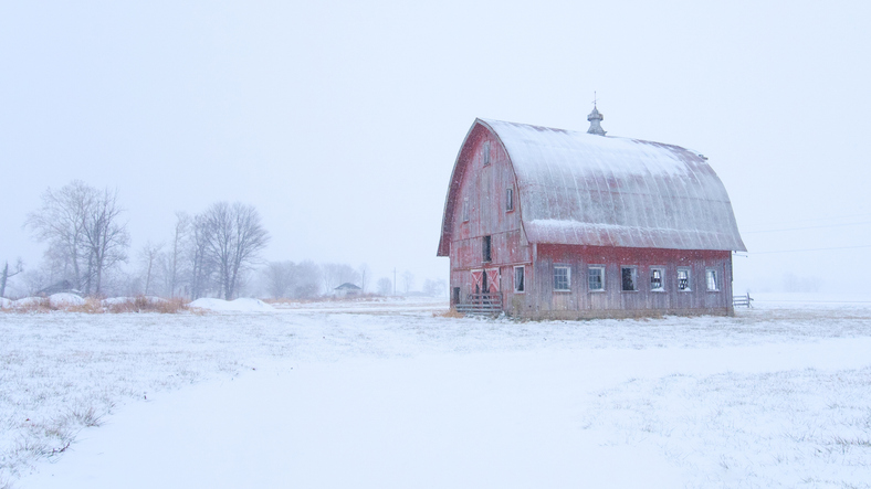 Weathered Red Barn in the snow- Howard County, Indiana