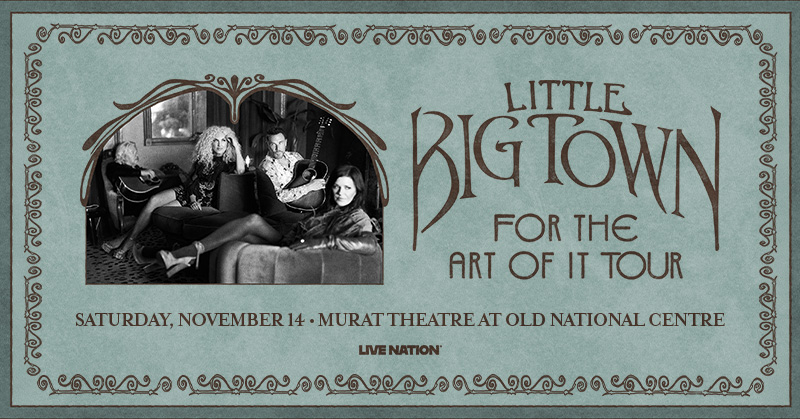 Vintage-style poster for "Little Big Town" concert tour, featuring a black-and-white image of the band members seated together.