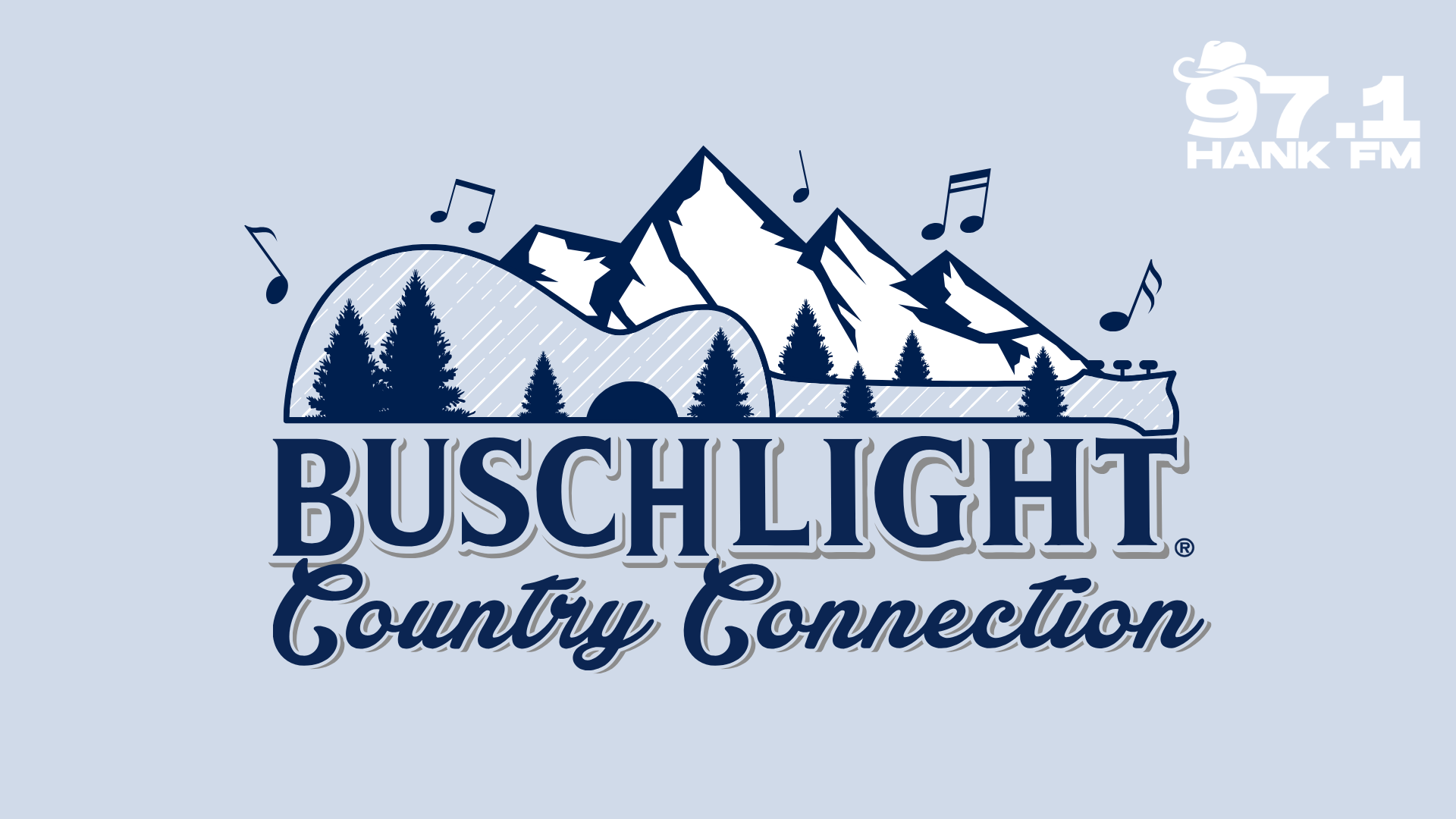 Scenic mountain landscape with pine trees, musical notes, and the Buschlight Country Connection logo.