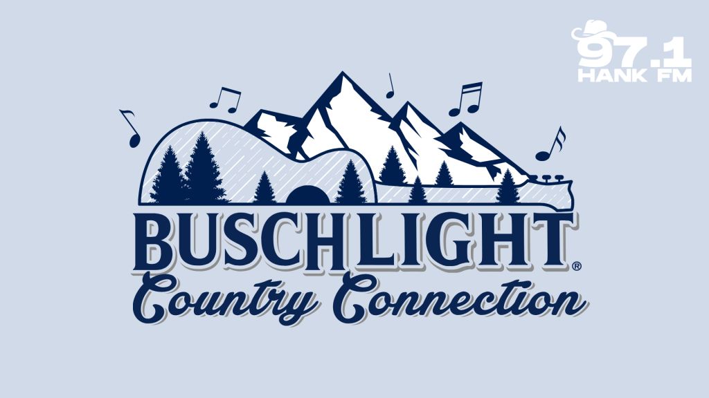 Scenic mountain landscape with pine trees, musical notes, and the Buschlight Country Connection logo.
