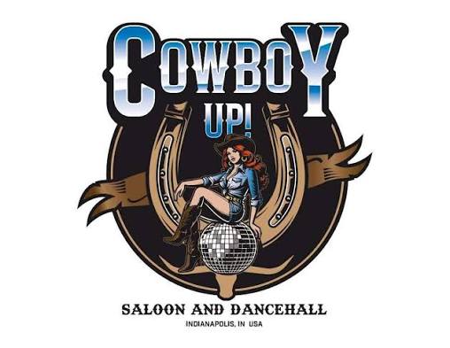 Cowboy Up! Saloon and Dancehall logo featuring a woman in a cowgirl outfit standing on a horseshoe.
