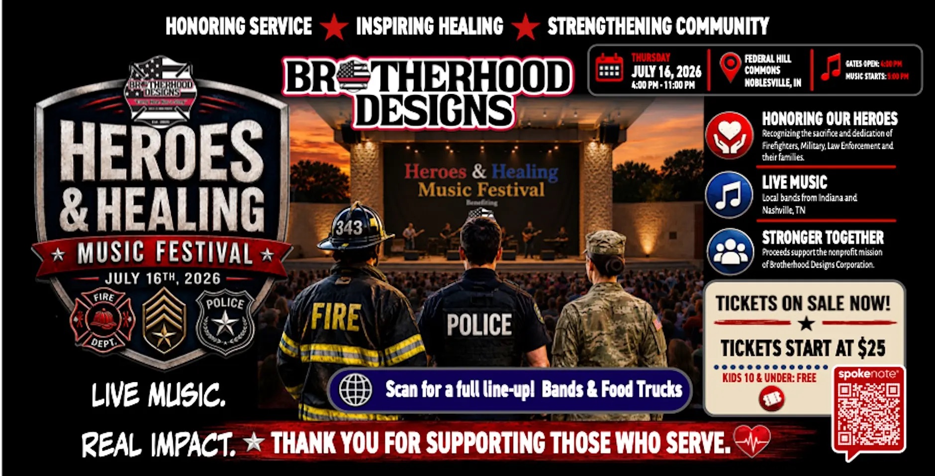 Heroes & Healing Music Festival poster featuring firefighters, police, and military personnel. Text includes "Honoring Service, Inspiring Healing, Strengthening Community" and "Tickets on Sale Now!