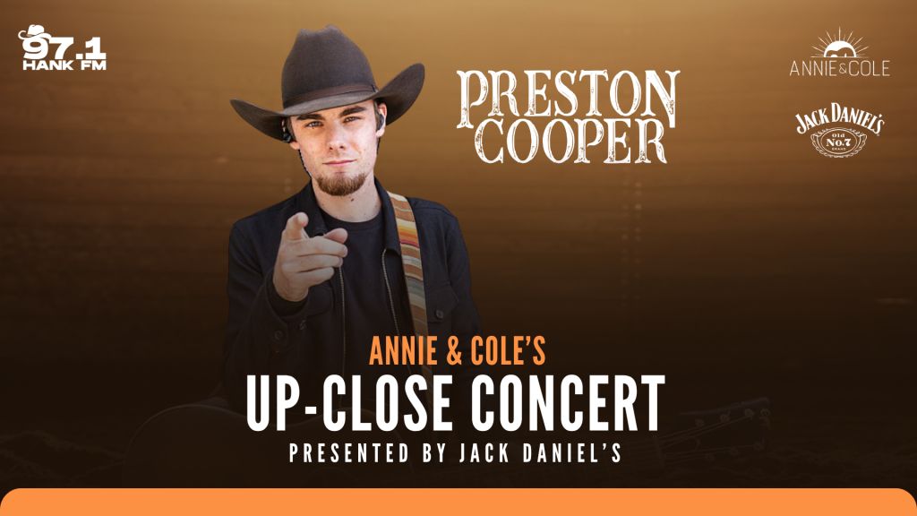 A man in a cowboy hat and jacket, identified as Preston Cooper, standing in front of a concert backdrop advertising "Annie & Cole's Up-Close Concert" presented by Jack Daniel's.