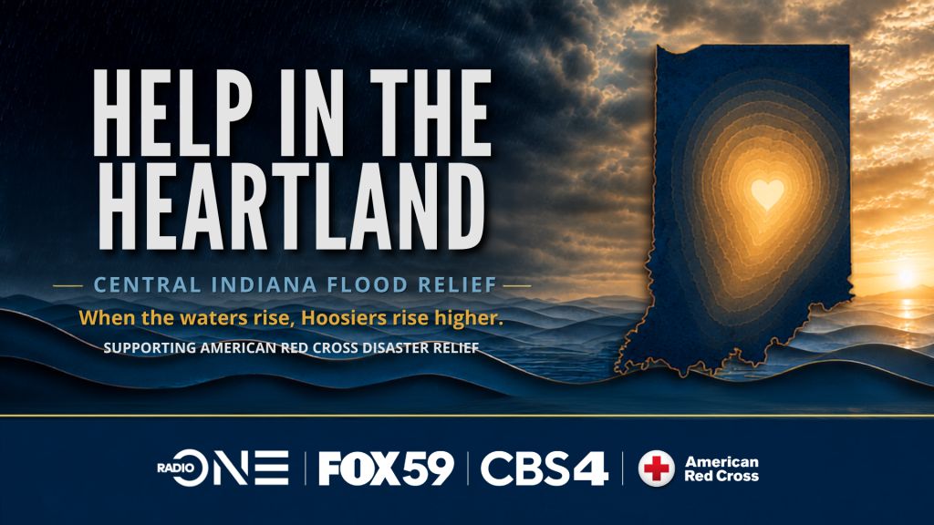 Dramatic sunset sky over mountains with text "Help in the Heartland - Central Indiana Flood Relief" and logos for TV stations and American Red Cross.
