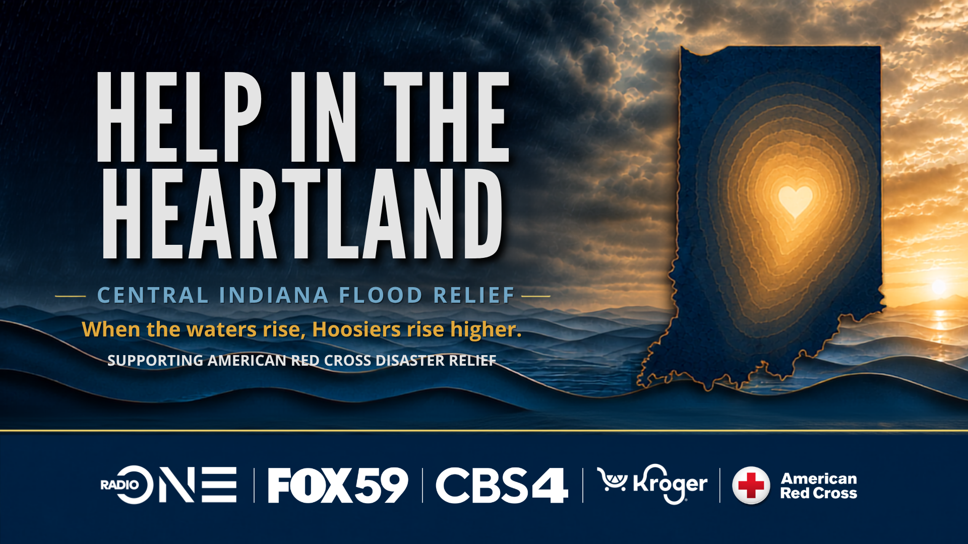 Help in the Heartland - Central Indiana flood relief. When the waters rise, Hoosiers rise higher. Supporting American Red Cross disaster relief.
