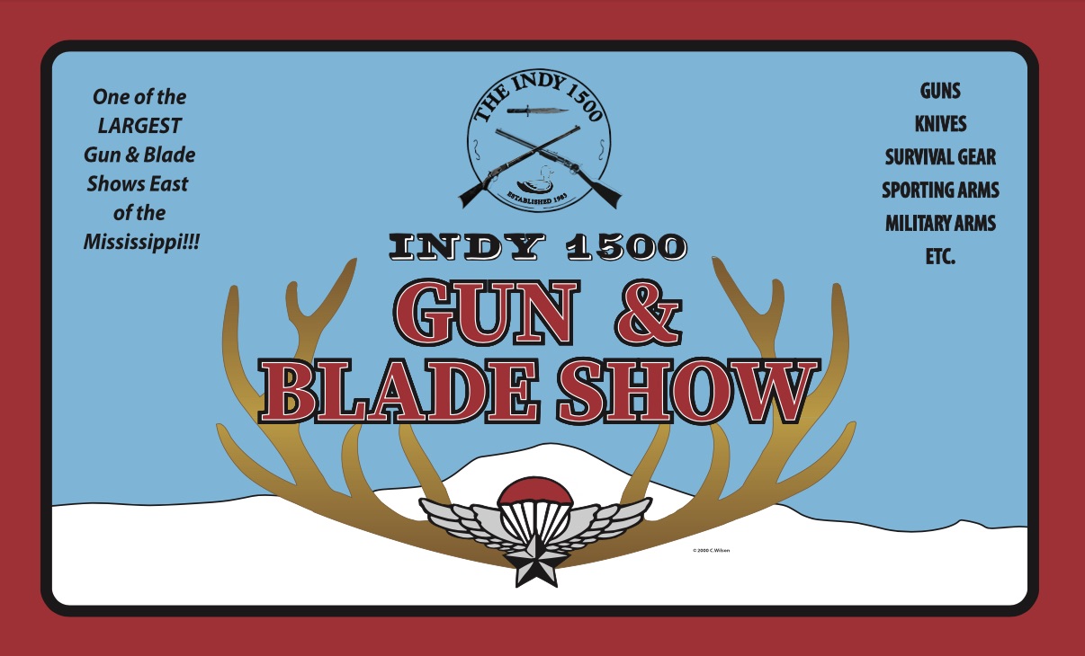 Poster for the Indy 1500 Gun & Blade Show, featuring firearms, knives, survival gear, and other related items.